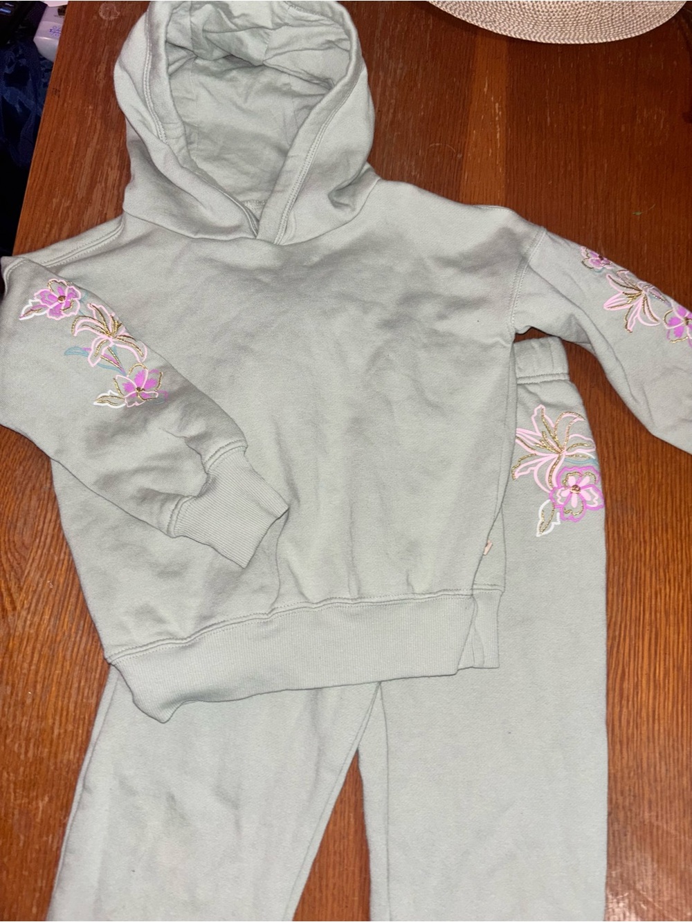 BearPaw Girls Sage Green Hoodie & Jogger Set with Pink Floral Embroidery